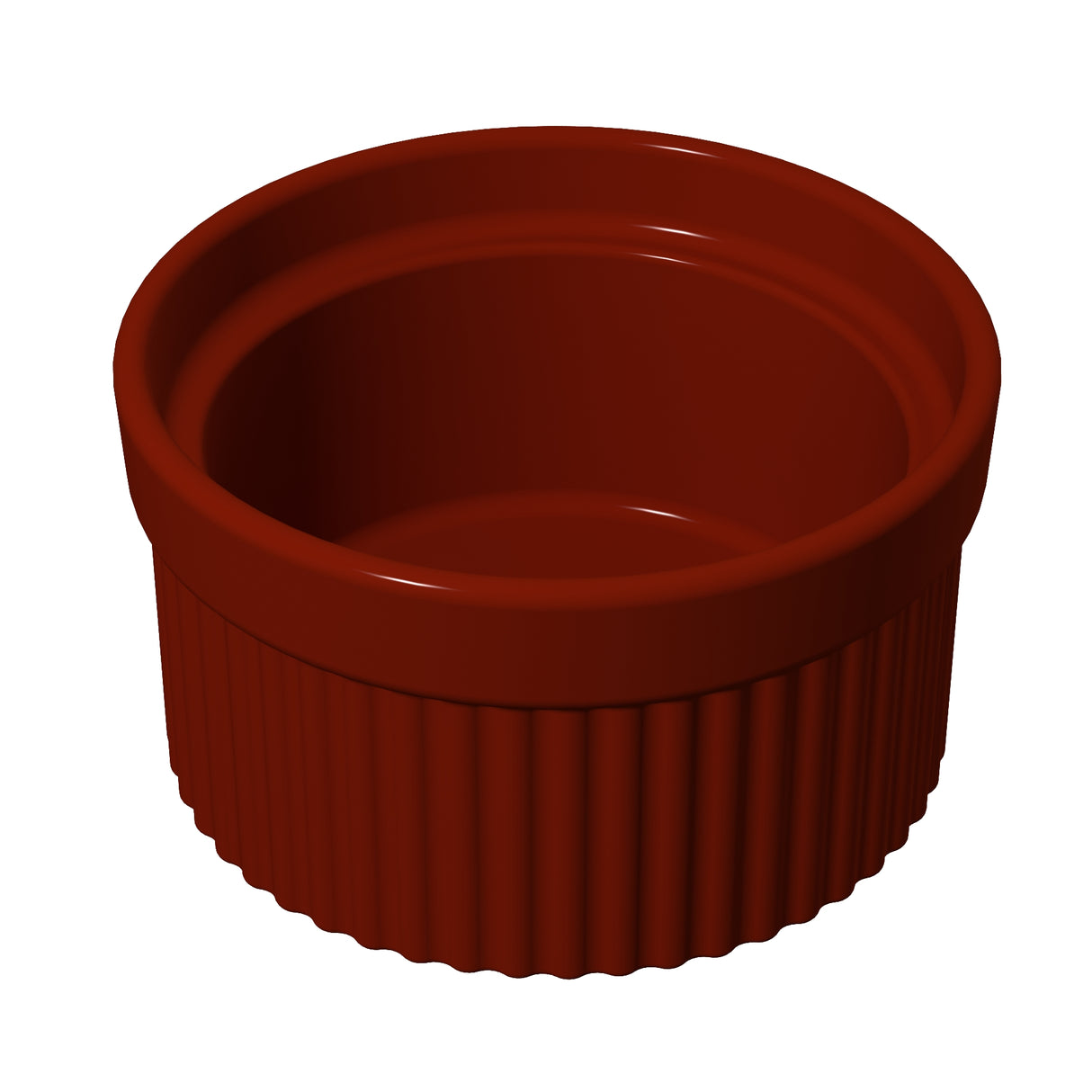 A small, round, deep-red souffle bowl with ribbed sides and a smooth rim. The ramekin is empty and sits on a white background at a slight angle above, highlighting its glossy surface, sturdy design, and dishwasher safe convenience.