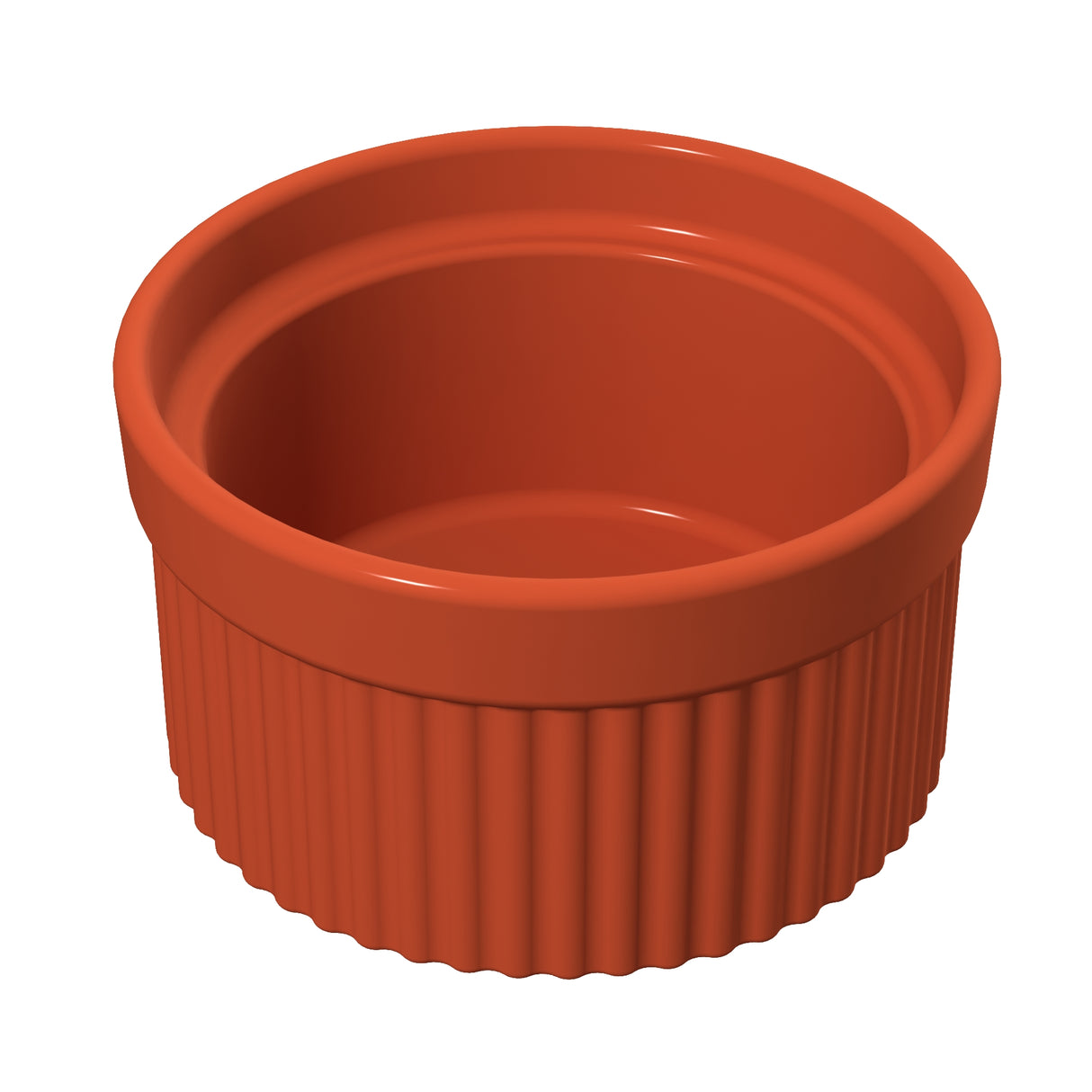 A small, round, red Souffle Bowl with smooth, glossy sides and a ridged exterior. This dishwasher safe ramekin is empty and set against a plain white background.