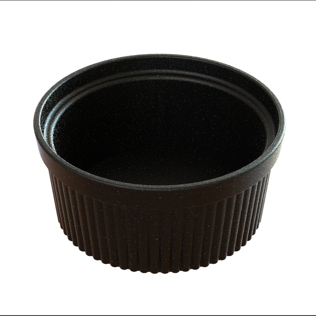 A black, round, ribbed plastic condiment cup or Souffle Bowl is shown against a white background. The cup is empty, with vertical textured lines around its sides and a smooth interior. This container is dishwasher safe for easy cleaning.