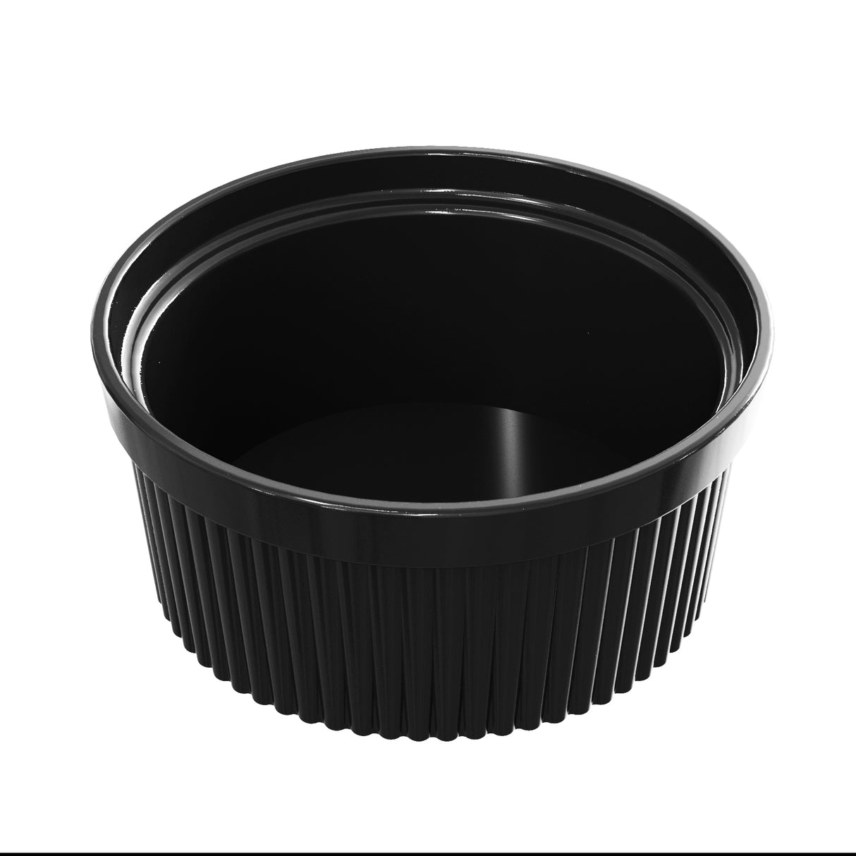 A black, round souffle bowl with ribbed sides and a smooth, glossy finish is shown on a plain white background. The plastic container is empty and features a slight lip around the top edge.