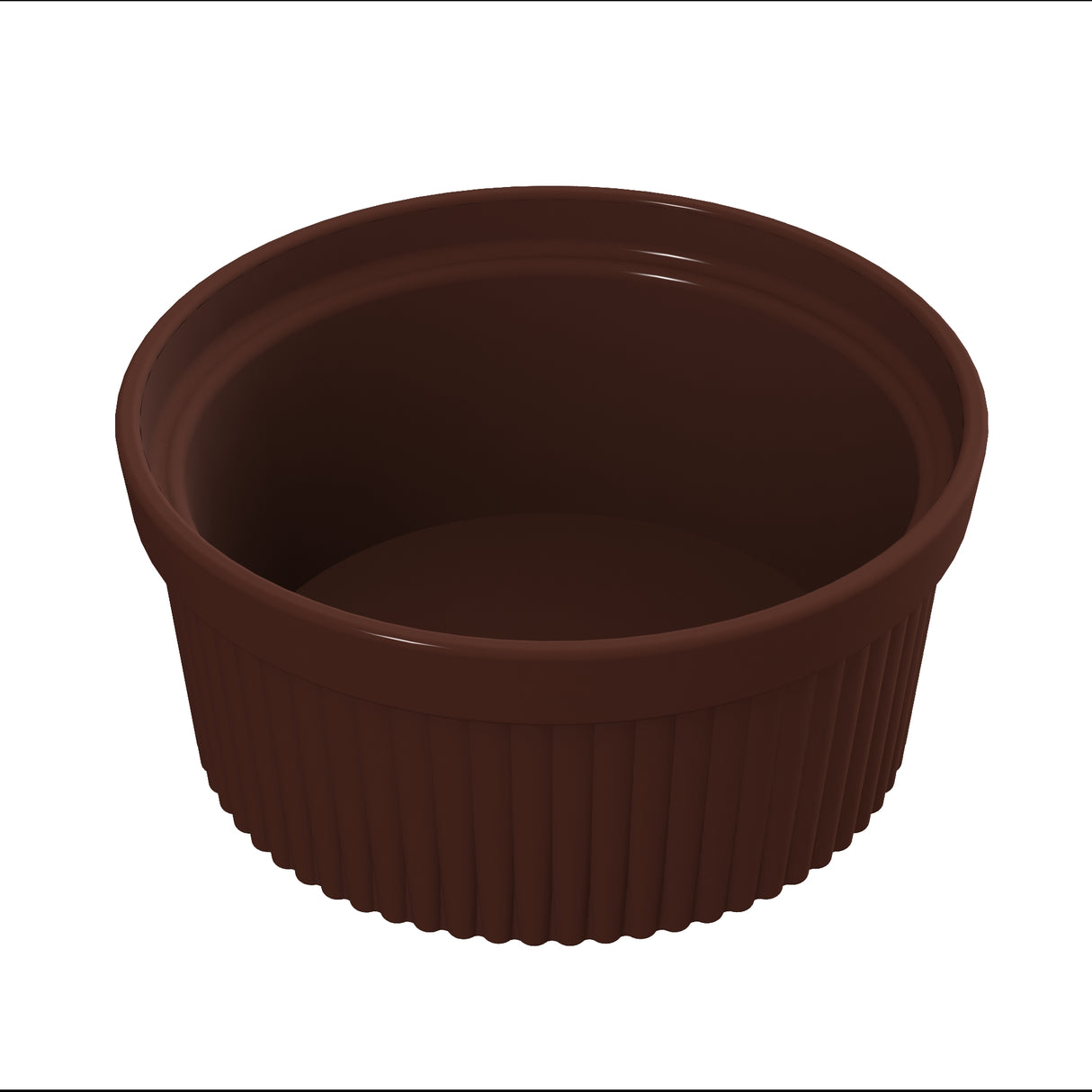 A brown, ribbed, round plastic souffle bowl is shown on a white background. The cup is empty and has smooth, glossy sides with vertical ridges around the exterior. This bowl is dishwasher safe for easy cleaning.
