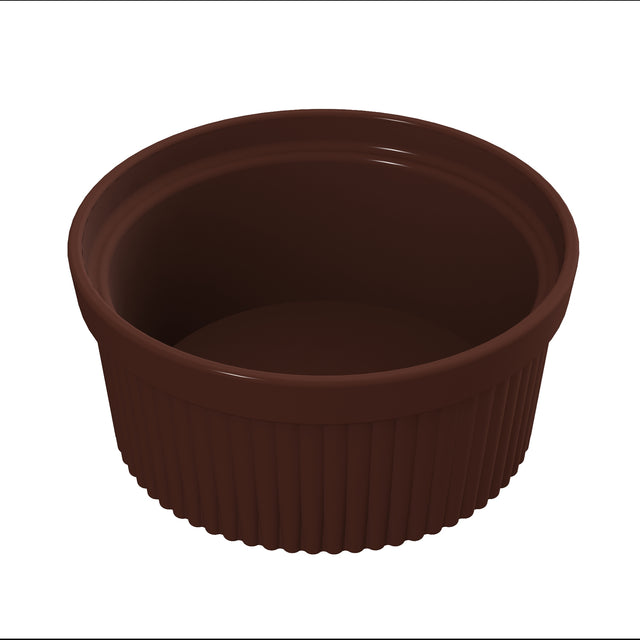 A brown, ribbed, round plastic souffle bowl is shown on a white background. The cup is empty and has smooth, glossy sides with vertical ridges around the exterior. This bowl is dishwasher safe for easy cleaning.