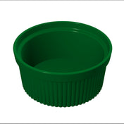 A green, round Souffle Bowl with a ribbed plastic design is viewed from above at an angle, showing its deep interior and smooth rim, perfect for cold holding, and set against a plain white background.