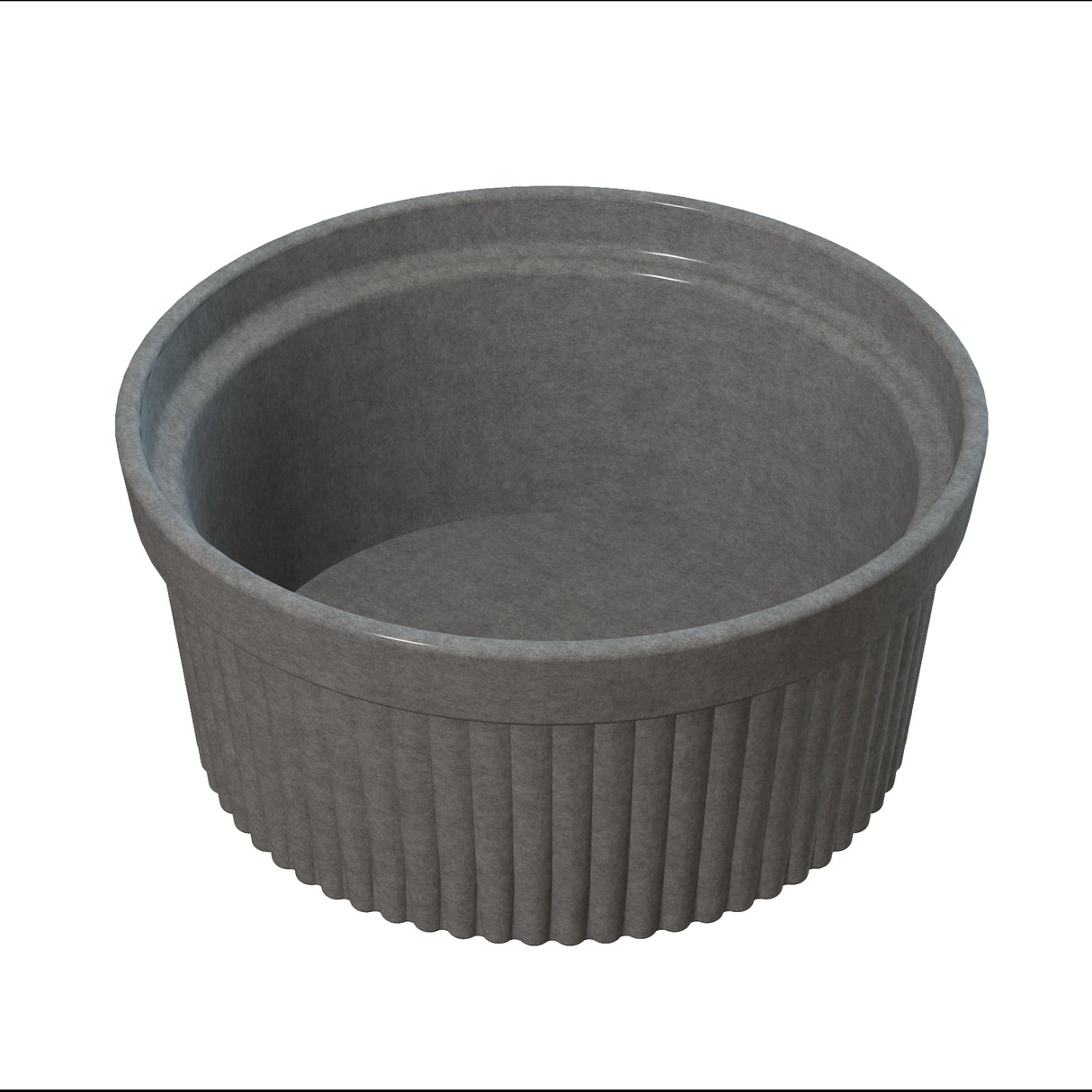 A gray, round Souffle Bowl with a ribbed exterior and smooth inner surface is shown. This ceramic ramekin, ideal for baking or cold holding individual desserts, features straight sides and a wide opening against a plain white background.