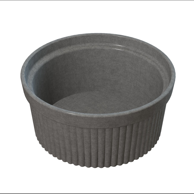 A gray, round Souffle Bowl with a ribbed exterior and smooth inner surface is shown. This ceramic ramekin, ideal for baking or cold holding individual desserts, features straight sides and a wide opening against a plain white background.