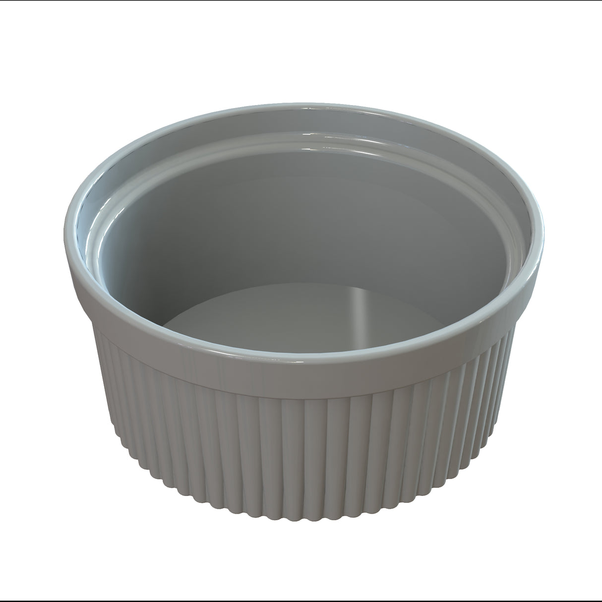 A white, round ceramic Souffle Bowl with vertical ridges along the sides and a smooth, glossy interior, shown empty against a plain white background—ideal for baking or cold holding your favorite dishes.