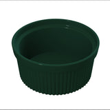 A small, dark green Souffle Bowl with a ribbed plastic exterior and smooth, glossy interior. This round, dishwasher safe container is empty and photographed against a white background from a slight angle above.