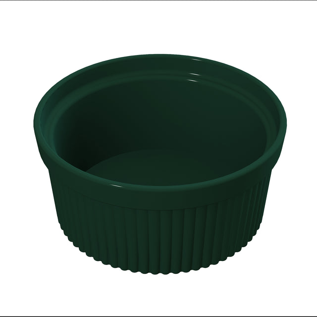 A small, dark green Souffle Bowl with a ribbed plastic exterior and smooth, glossy interior. This round, dishwasher safe container is empty and photographed against a white background from a slight angle above.