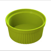 A bright green Souffle Bowl with vertical ridges along its sides. The smooth, slightly thicker rim enhances its modern design. This plastic round container is dishwasher safe and sits empty against a plain white background.