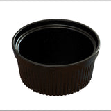 A small, round, black plastic container lid with a ridged edge and a glossy, speckled surface, shown on a white background. Ideal for sealing Souffle Bowl containers to keep sauces fresh during cold holding.