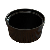A small, round, black plastic container lid with a ridged edge and a glossy, speckled surface, shown on a white background. Ideal for sealing Souffle Bowl containers to keep sauces fresh during cold holding.