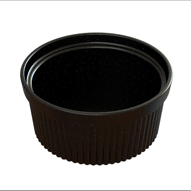 A small, round, black plastic container lid with a ridged edge and a glossy, speckled surface, shown on a white background. Ideal for sealing Souffle Bowl containers to keep sauces fresh during cold holding.