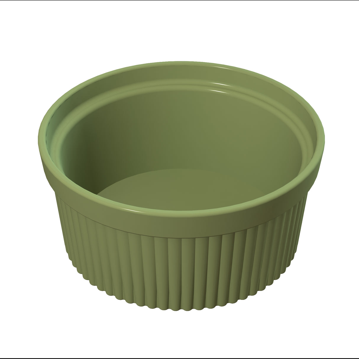 A green, round souffle bowl with a smooth interior and vertical ridges on the exterior. The ceramic dish has a glossy finish and is empty, viewed from a slight angle above, highlighting its depth and shape.