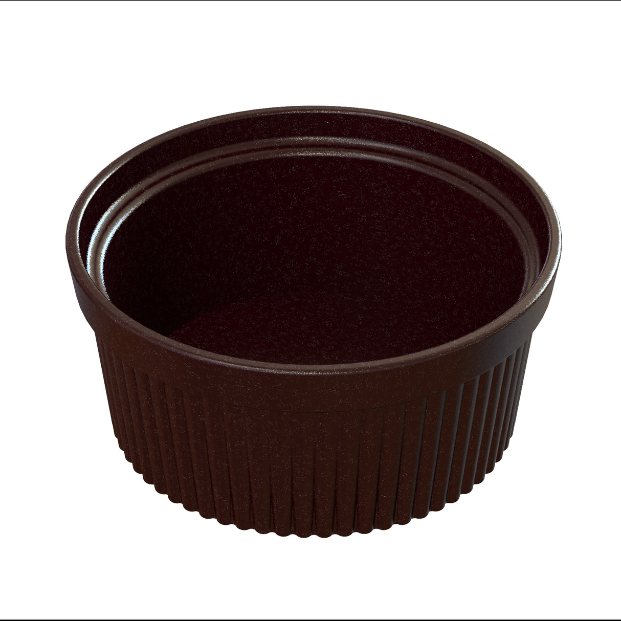 A small, empty, round black plastic souffle bowl with a ribbed exterior and smooth interior, typically used for serving condiments such as ketchup or salad dressing. The cup is dishwasher safe and photographed against a white background.