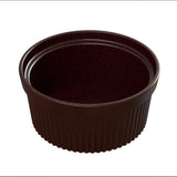 A small, empty, round black plastic souffle bowl with a ribbed exterior and smooth interior, typically used for serving condiments such as ketchup or salad dressing. The cup is dishwasher safe and photographed against a white background.