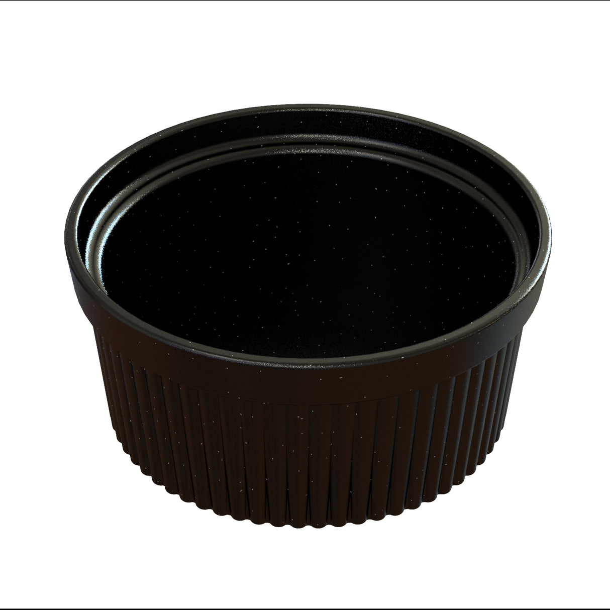 A small, round, black plastic container lid with ribbed sides and a smooth inner rim, shown on a white background. This glossy lid is ideal for cold holding and pairs perfectly with a Souffle Bowl; tiny white specks are visible inside.