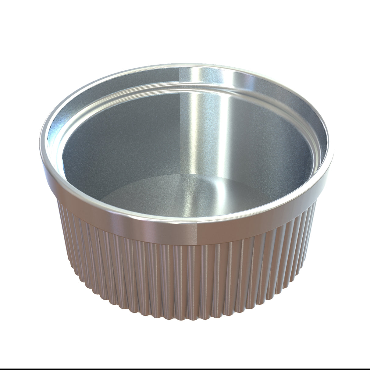 A shiny, empty, round cast aluminum Souffle Bowl with a smooth interior and ribbed exterior sits on a white background. The edge is slightly flared and the metal has a polished finish, ideal for cold holding desserts or appetizers.