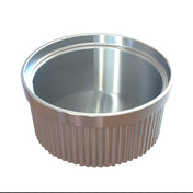 A shiny, empty, round cast aluminum Souffle Bowl with a smooth interior and ribbed exterior sits on a white background. The edge is slightly flared and the metal has a polished finish, ideal for cold holding desserts or appetizers.