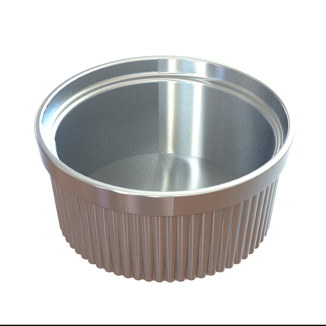 A shiny, empty, round cast aluminum Souffle Bowl with a smooth interior and ribbed exterior sits on a white background. The edge is slightly flared and the metal has a polished finish, ideal for cold holding desserts or appetizers.