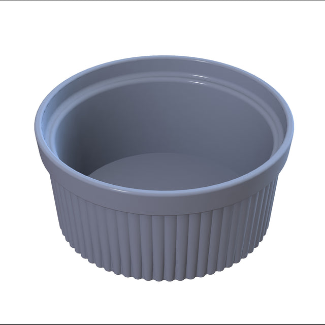 A white, round ceramic souffle bowl with vertical ridges on the exterior sits on a white background. The ramekin is empty, has a smooth inner surface, and is dishwasher safe—perfect for baking or serving individual portions.