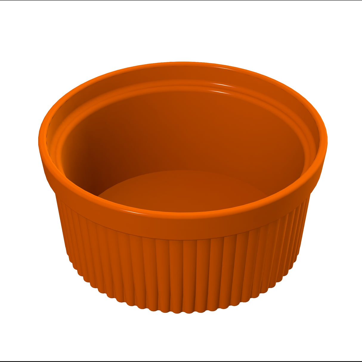 A small, round, orange ceramic souffle bowl with vertical ridges on the exterior and a smooth, glossy finish inside. Dishwasher safe, the dish is empty and set against a plain white background.