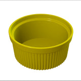 A bright yellow, round Souffle Bowl with ribbed sides and a smooth, glossy interior. The open-top plastic container is perfect for cold holding and is empty and isolated on a white background.