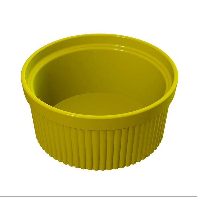 A bright yellow, round Souffle Bowl with ribbed sides and a smooth, glossy interior. The open-top plastic container is perfect for cold holding and is empty and isolated on a white background.