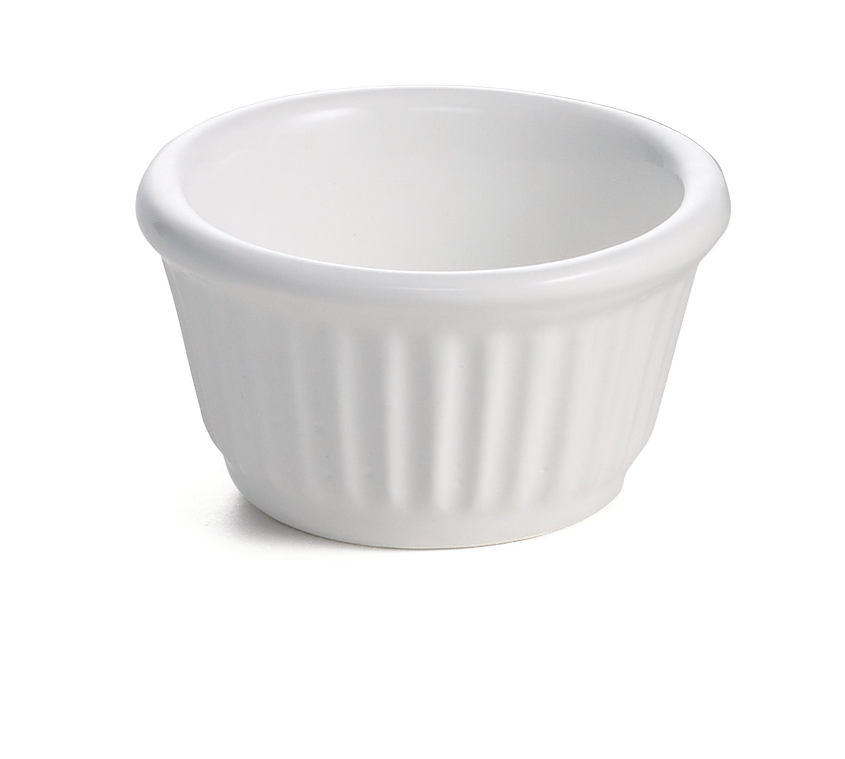 A small, white ceramic ramekin with vertical ridges on its sides is shown against a plain white background. Designed for cold holding, the ramekin features a smooth, rounded rim and a glossy finish.