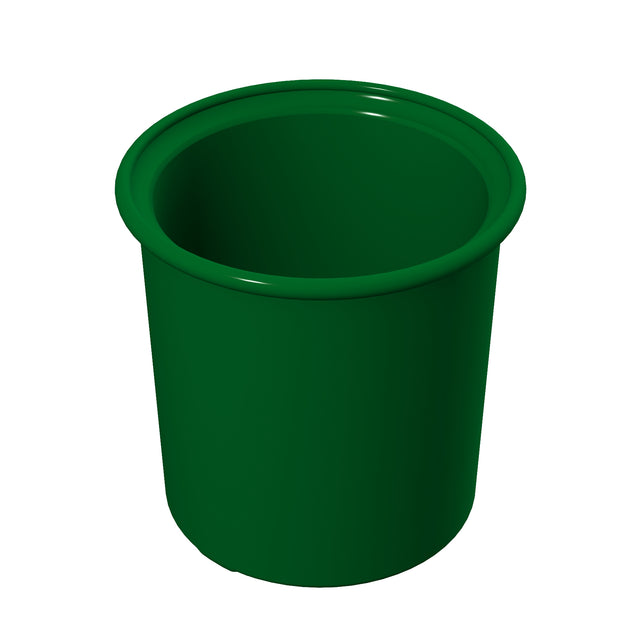 A plain, dark green, cylindrical plastic cup with a slightly flared rim, shown against a white background. The dishwasher safe cup appears empty and is viewed from above at an angle, revealing its smooth, glossy surface.