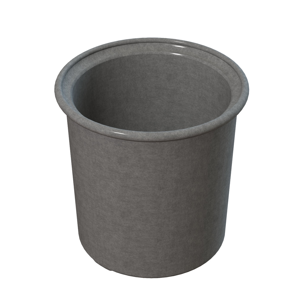 A gray, cylindrical condiment crock with a slightly flared rim. Made from matte cast aluminum, its smooth interior and exterior are visible. The container is empty, and it's dishwasher safe for easy cleaning.
