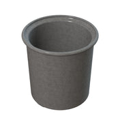 A gray, cylindrical condiment crock with a slightly flared rim. Made from matte cast aluminum, its smooth interior and exterior are visible. The container is empty, and it's dishwasher safe for easy cleaning.