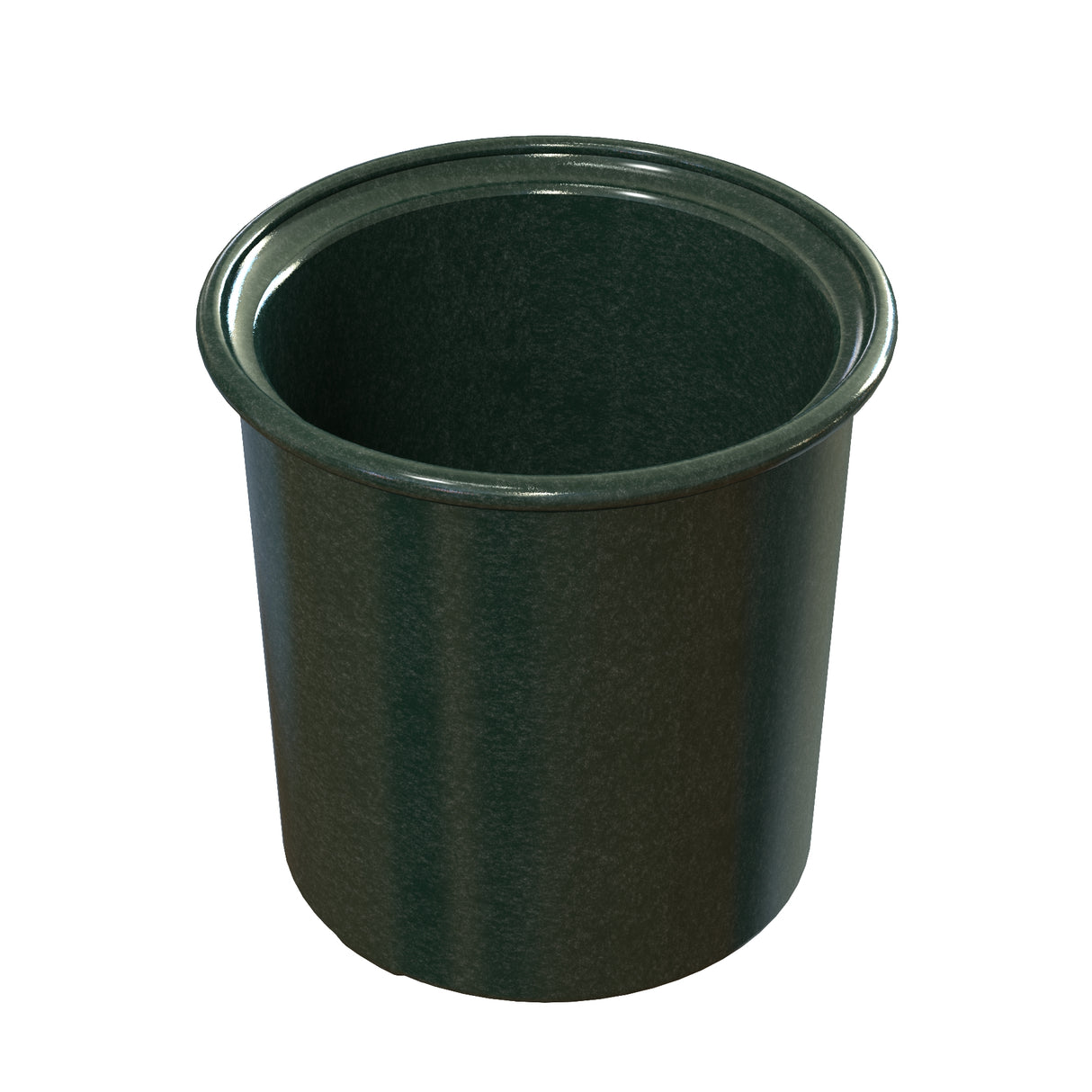 A dark green, cylindrical plastic plant pot with a wide rim and no visible drainage holes, photographed on a white background. The pot's smooth surface and appearance are similar to that of a large condiment crock, and it appears empty.