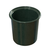 A dark green, cylindrical plastic plant pot with a wide rim and no visible drainage holes, photographed on a white background. The pot's smooth surface and appearance are similar to that of a large condiment crock, and it appears empty.