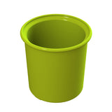 A bright green, cylindrical plastic cup with a wide rim is shown against a plain white background. Reminiscent of a modern condiment crock, the cup’s smooth, shiny surfaces give it a clean and contemporary look.