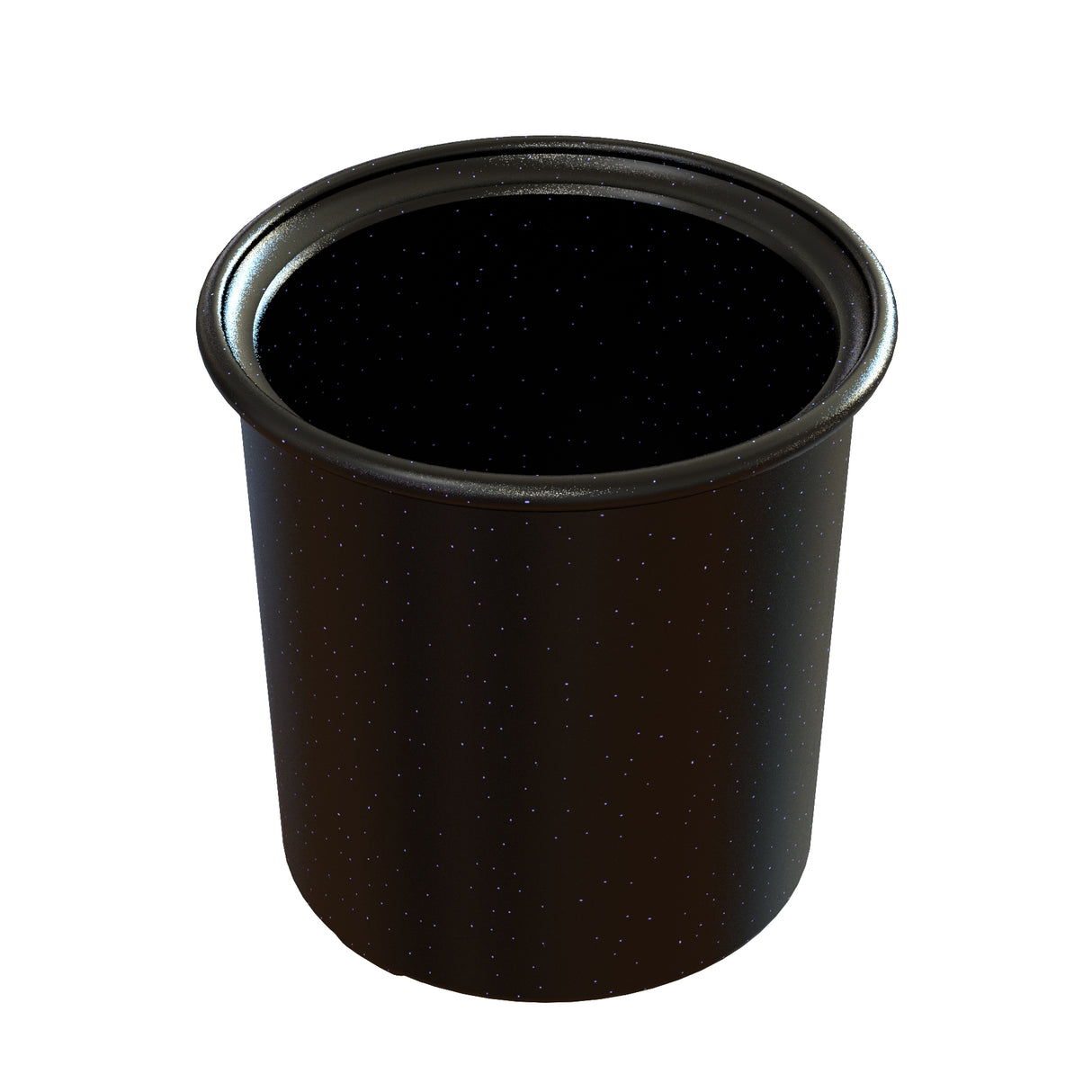 A black, cylindrical cast aluminum cup with a rounded rim and small white speckles evenly distributed across its surface. The cup is empty, shown against a plain white background, and is dishwasher safe for easy cleaning.