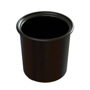 A black, cylindrical cast aluminum cup with a rounded rim and small white speckles evenly distributed across its surface. The cup is empty, shown against a plain white background, and is dishwasher safe for easy cleaning.