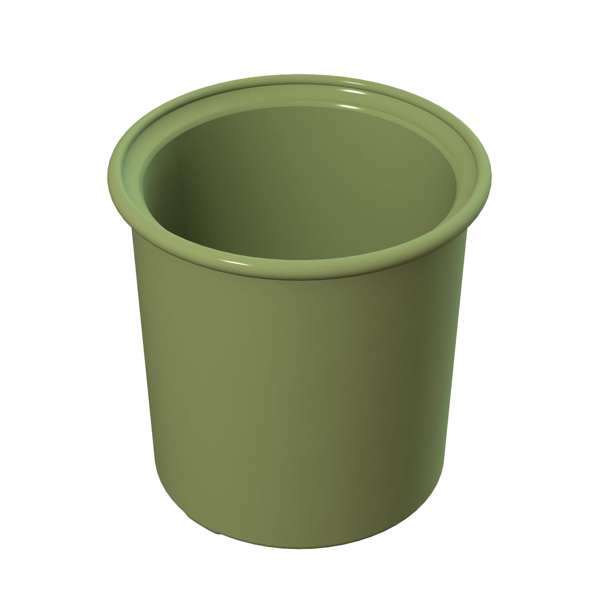 A plain, cylindrical, olive green plastic pot with a rolled rim, shown on a white background. The pot is empty, its smooth sides taper slightly inward toward the base, and it is dishwasher safe for easy cleaning.