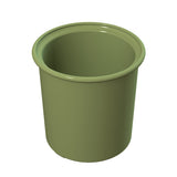A plain, cylindrical, olive green plastic pot with a rolled rim, shown on a white background. The pot is empty, its smooth sides taper slightly inward toward the base, and it is dishwasher safe for easy cleaning.