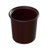 A dark brown, cylindrical Condiment Crock with a wide open top and small lip around the rim sits against a plain white background. The container appears empty, is dishwasher safe, and is photographed from a slight angle above.