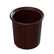 A dark brown, cylindrical Condiment Crock with a wide open top and small lip around the rim sits against a plain white background. The container appears empty, is dishwasher safe, and is photographed from a slight angle above.