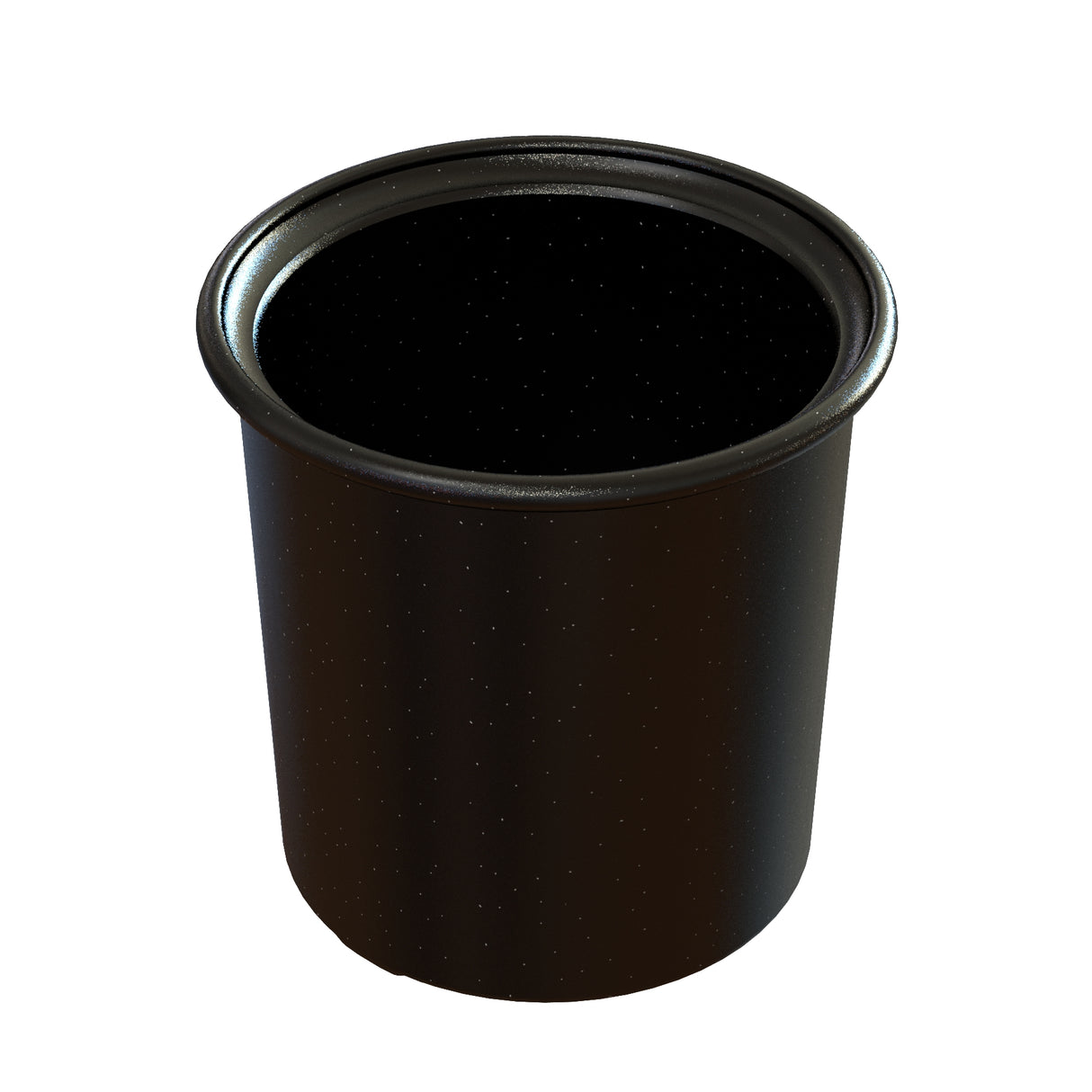 A small, round, black plastic plant pot with a flared rim. Smooth-surfaced and empty, it’s reminiscent of a miniature condiment crock. The plain white background highlights the pot’s striking dark color.