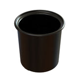 A small, round, black plastic plant pot with a flared rim. Smooth-surfaced and empty, it’s reminiscent of a miniature condiment crock. The plain white background highlights the pot’s striking dark color.