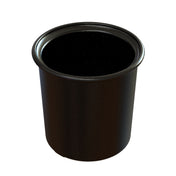 A small, round, black plastic plant pot with a flared rim. Smooth-surfaced and empty, it’s reminiscent of a miniature condiment crock. The plain white background highlights the pot’s striking dark color.