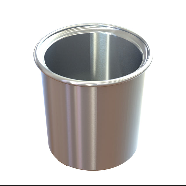 A shiny, cylindrical cast aluminum cup with a wide opening and a smooth rim, viewed from a slightly elevated angle on a white background. The cup has reflective surfaces, no handles, and an overall sleek, modern design.
