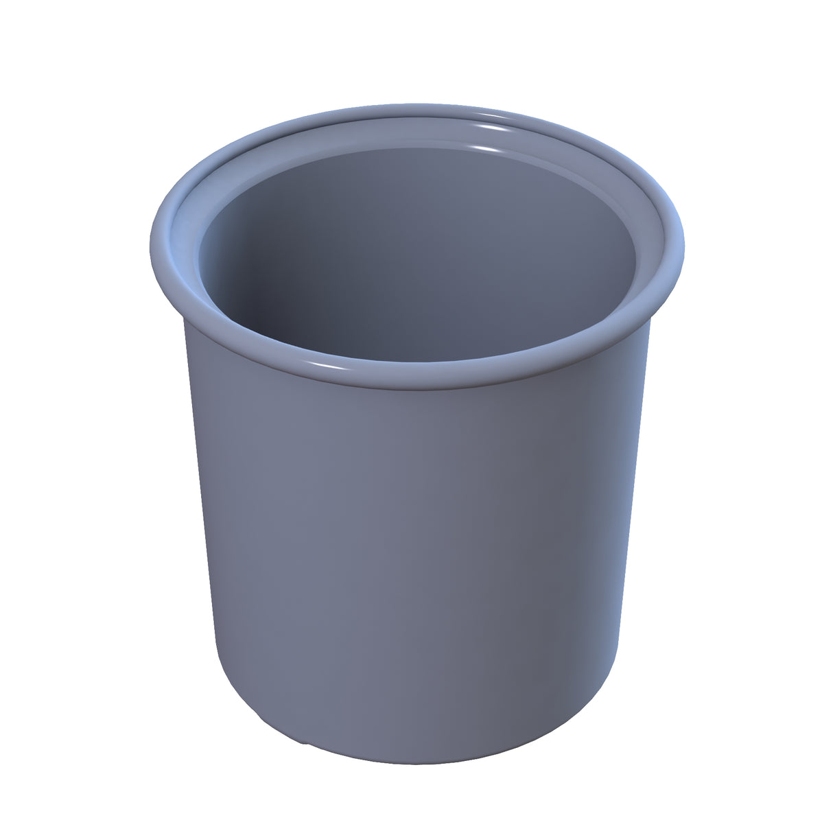 A plain, round, gray plastic condiment crock with smooth sides and a slightly flared rim at the top, shown on a white background. The empty container is ideal for cold holding and suitable for various kitchen or household items.