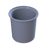 A plain, round, gray plastic condiment crock with smooth sides and a slightly flared rim at the top, shown on a white background. The empty container is ideal for cold holding and suitable for various kitchen or household items.