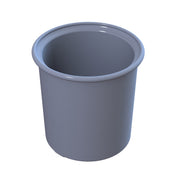 A plain, round, gray plastic condiment crock with smooth sides and a slightly flared rim at the top, shown on a white background. The empty container is ideal for cold holding and suitable for various kitchen or household items.