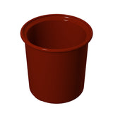 A simple, round, deep brown plastic condiment crock with a wide rim and smooth sides, shown against a plain white background. The pot is empty and viewed from a slightly elevated angle, highlighting its cylindrical shape and open top.