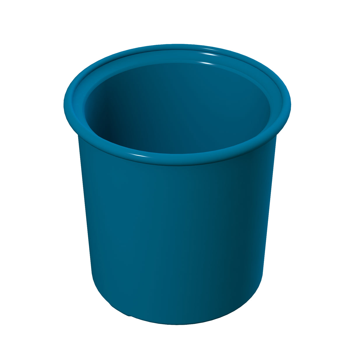 A blue, cylindrical plastic condiment crock with a wide, rounded rim is shown against a white background. The empty container has smooth, slightly shiny sides and is dishwasher safe for easy cleaning.