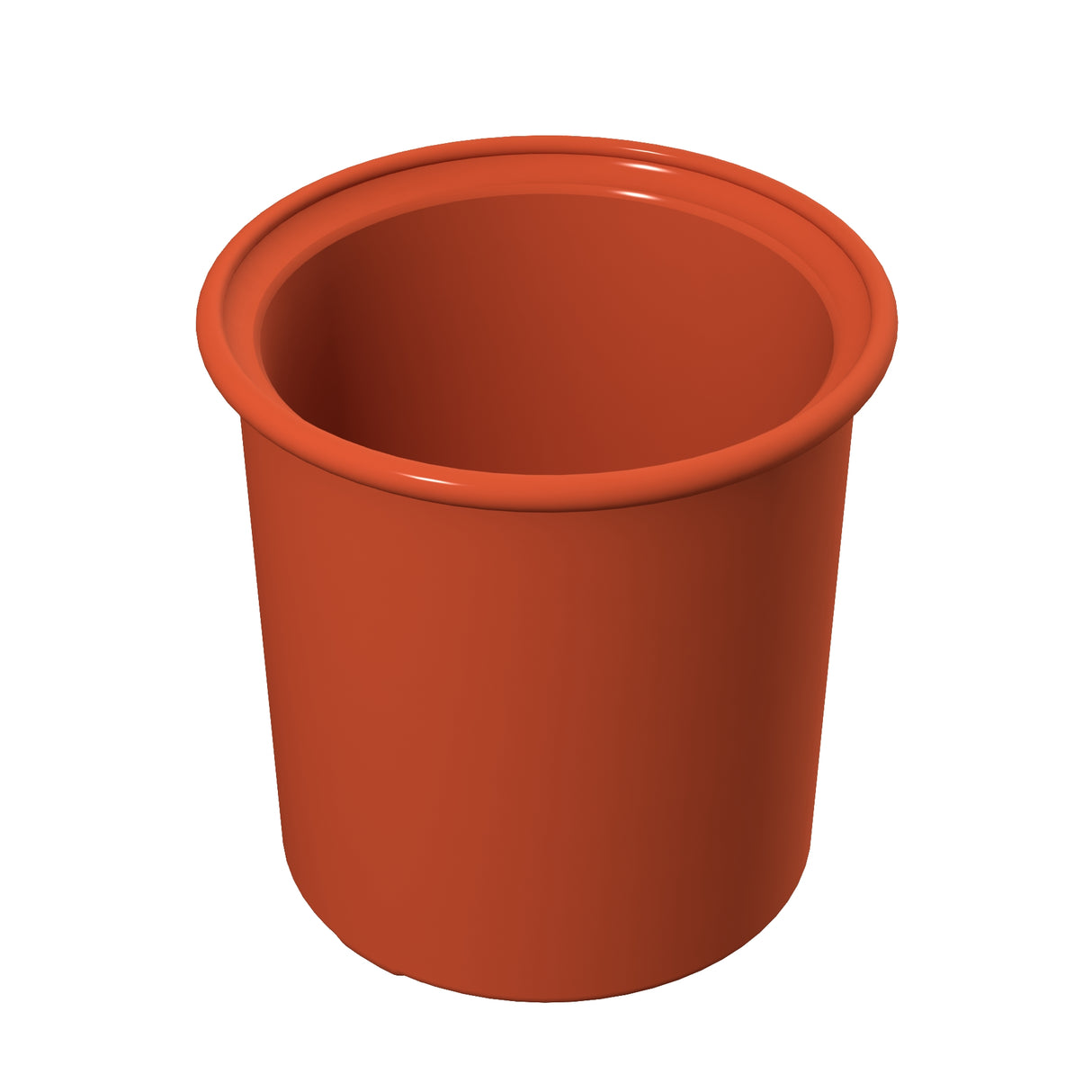 A plain, cylindrical, reddish-brown plastic flower pot with a wide rim, viewed from a slight angle above. The empty pot’s interior is visible against a solid white background, resembling the simple form of a condiment crock.